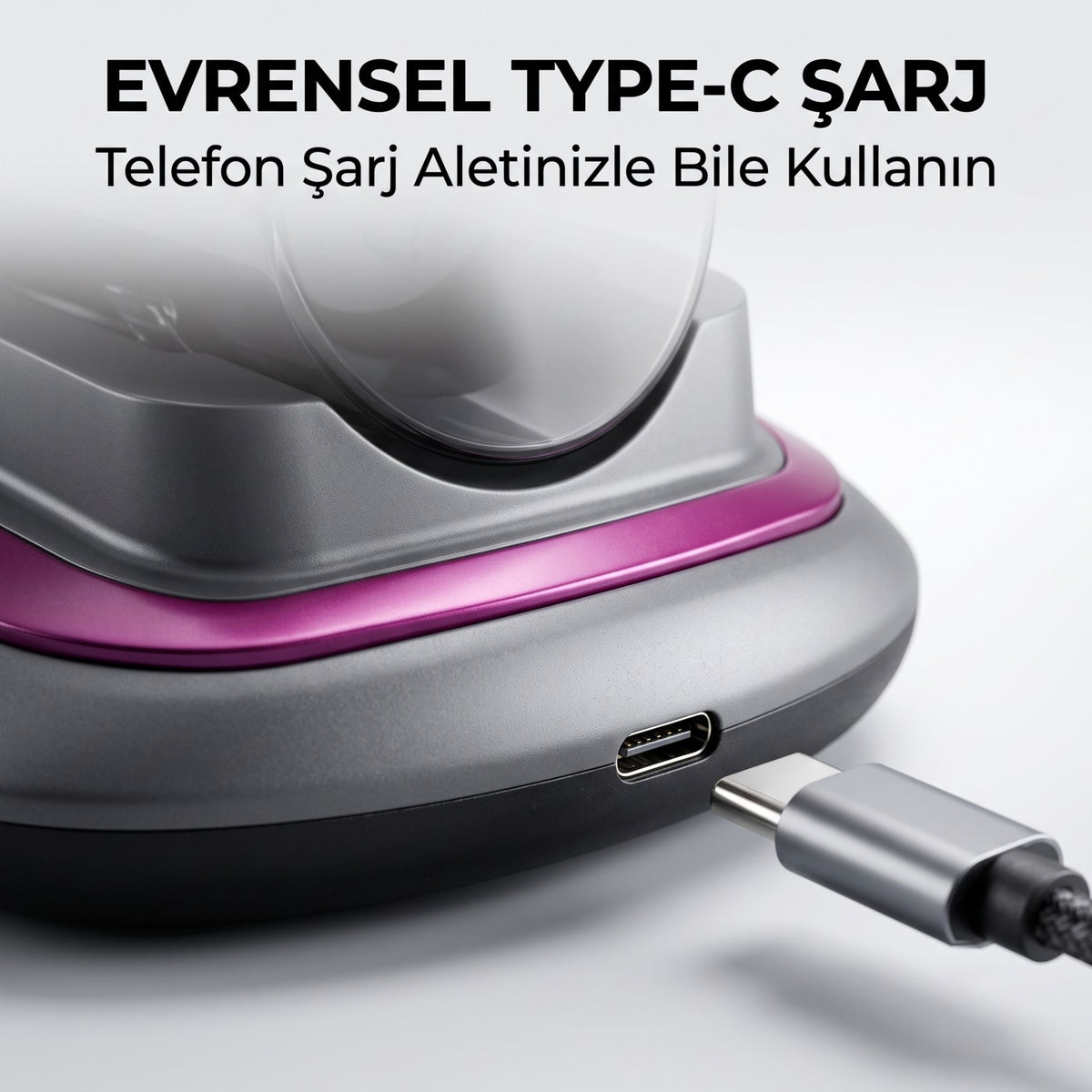 Type-C şarj girişi ve kablosu; görseldeki yazı: Evrensel Type-C şarj, telefon şarj aletinizle bile kullanın